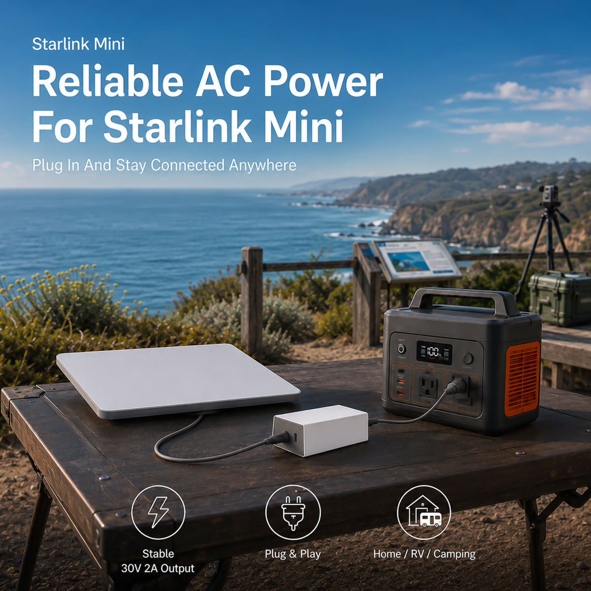 Saunyoto Starlink Mini Replacement Power Supply (60W, 30V/2A) with Extra USB-C Charging Port - IP65 Waterproof