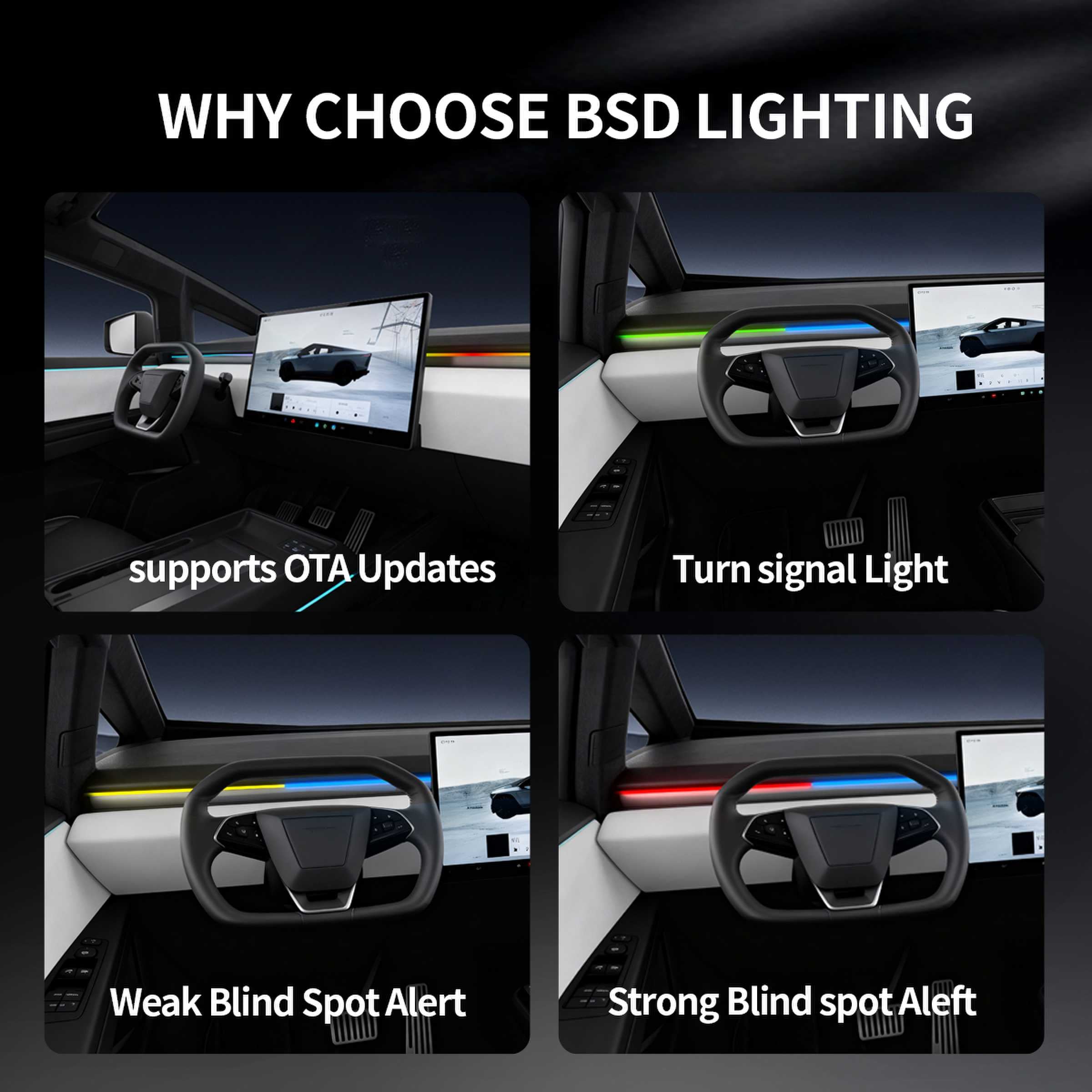 saunyoto BSD lighting with turn signal light, weak blind spot alert, strong blind spot aleft functions and support OTA Updates.