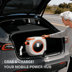 This portable EV charging hub rests conveniently in a car trunk, labeled "Grab & Charge, Your Mobile Power Hub," showcasing its compact and transportable design for on-the-go power needs.