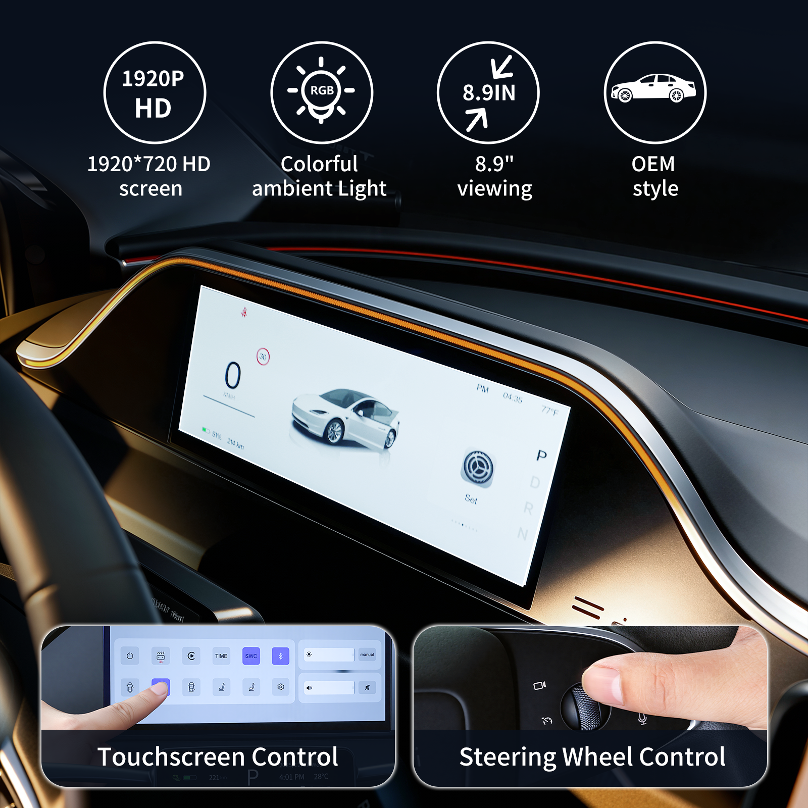 T9 Pro 8.9" Integrated Dashboard Display for Tesla Model 3 Highland & Model Y Juniper , Wireless CarPlay/Android Auto, Ambient LED, OTA- Saunyoto