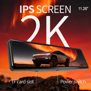 Close-up of the Cybertruck mirror's 2K IPS display screen, TF card slot, and power switch for easy control and recording.