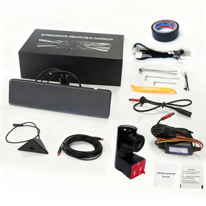 All components included in the box for the Dual-Channel Streaming Mirror for Cybertruck, displayed on a white background.