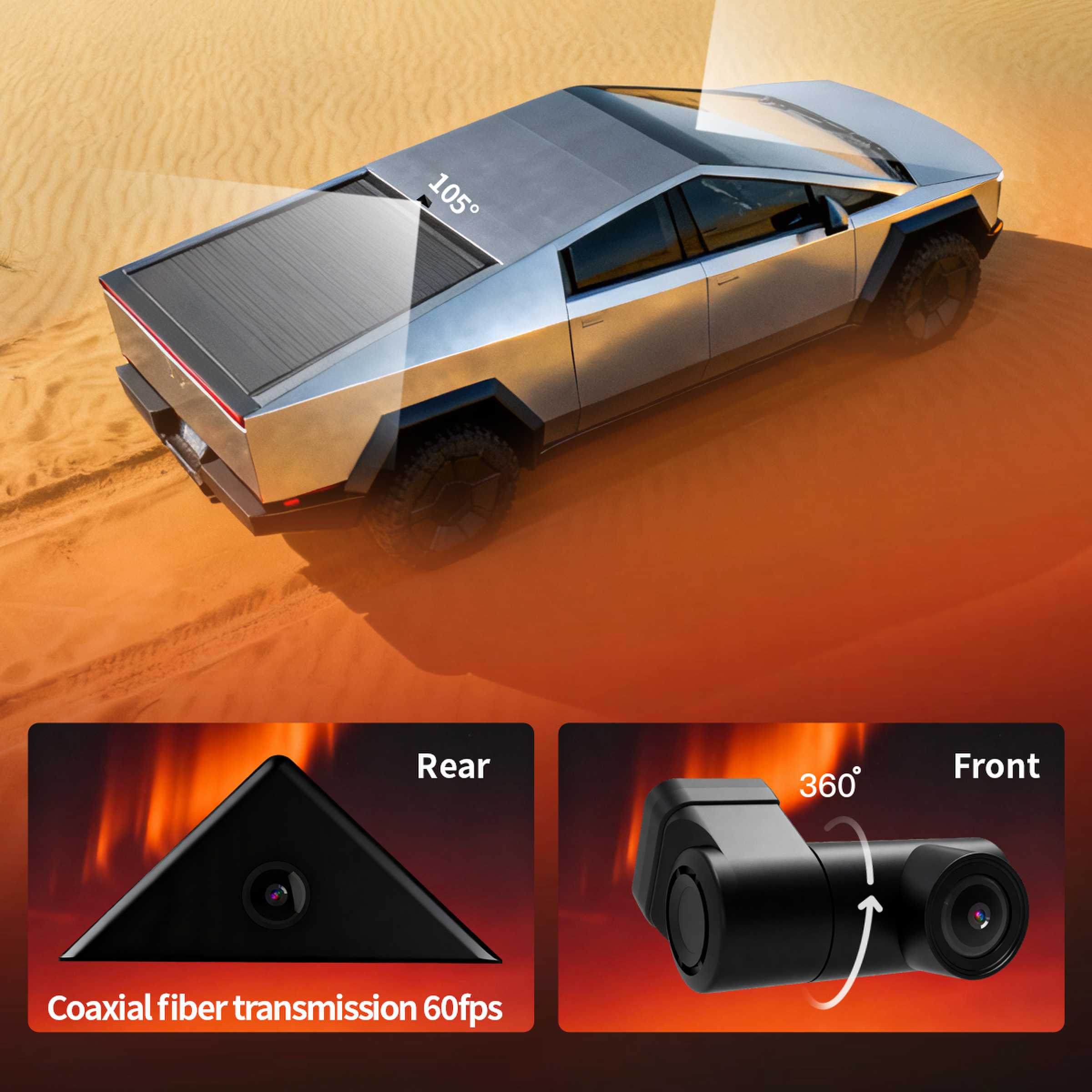Illustration of the dual-channel streaming with a smooth 60fps rear-view camera and a wide 360-degree front camera for blind spot elimination.