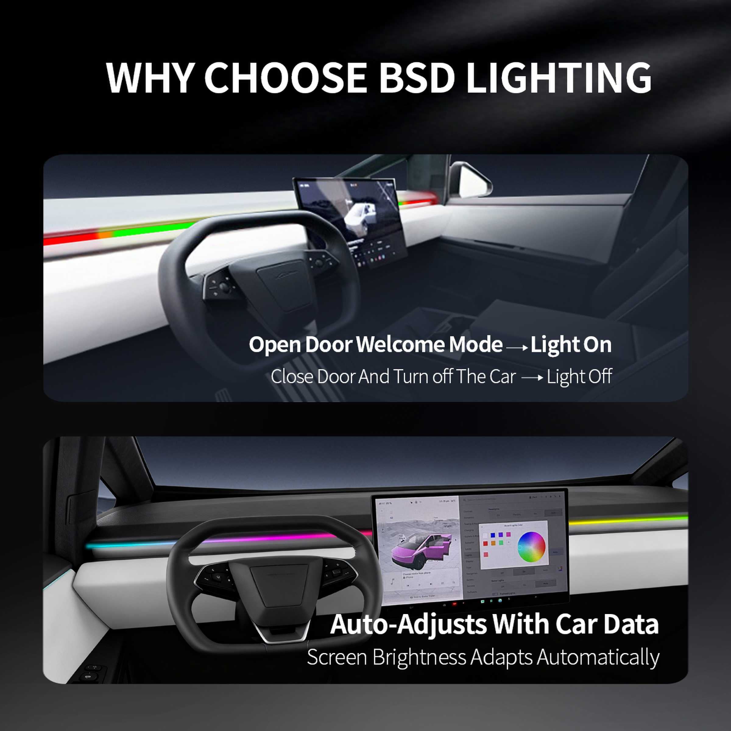 Saunyoto BSD Lighting with Open door welcome mode and auto-adjusts with car data for tesla