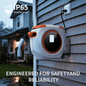 An IP65 waterproof-rated EV wall charger mounted outdoors, functioning perfectly while being sprayed with water, emphasizing its reliability and safety in rain or snow.
