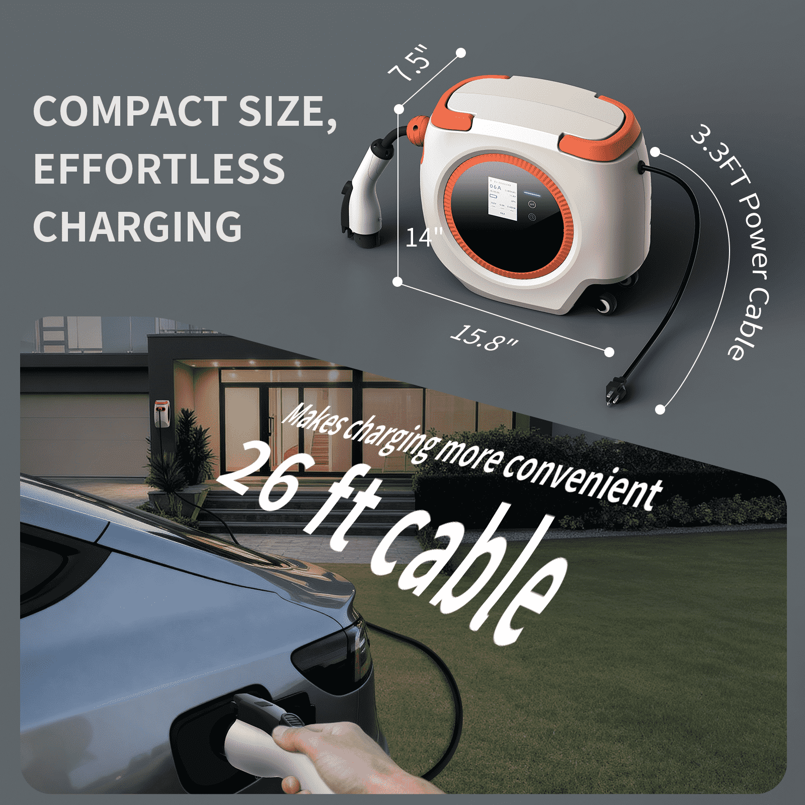A split image comparing the compact and comfortable size of the EV charger to the extensive 26-foot (8-meter) cable length, demonstrating how it makes parking and charging effortless.