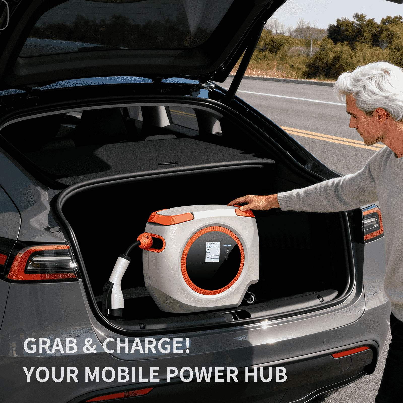  This portable EV charging hub rests conveniently in a car trunk, labeled "Grab & Charge, Your Mobile Power Hub," showcasing its compact and transportable design for on-the-go power needs.