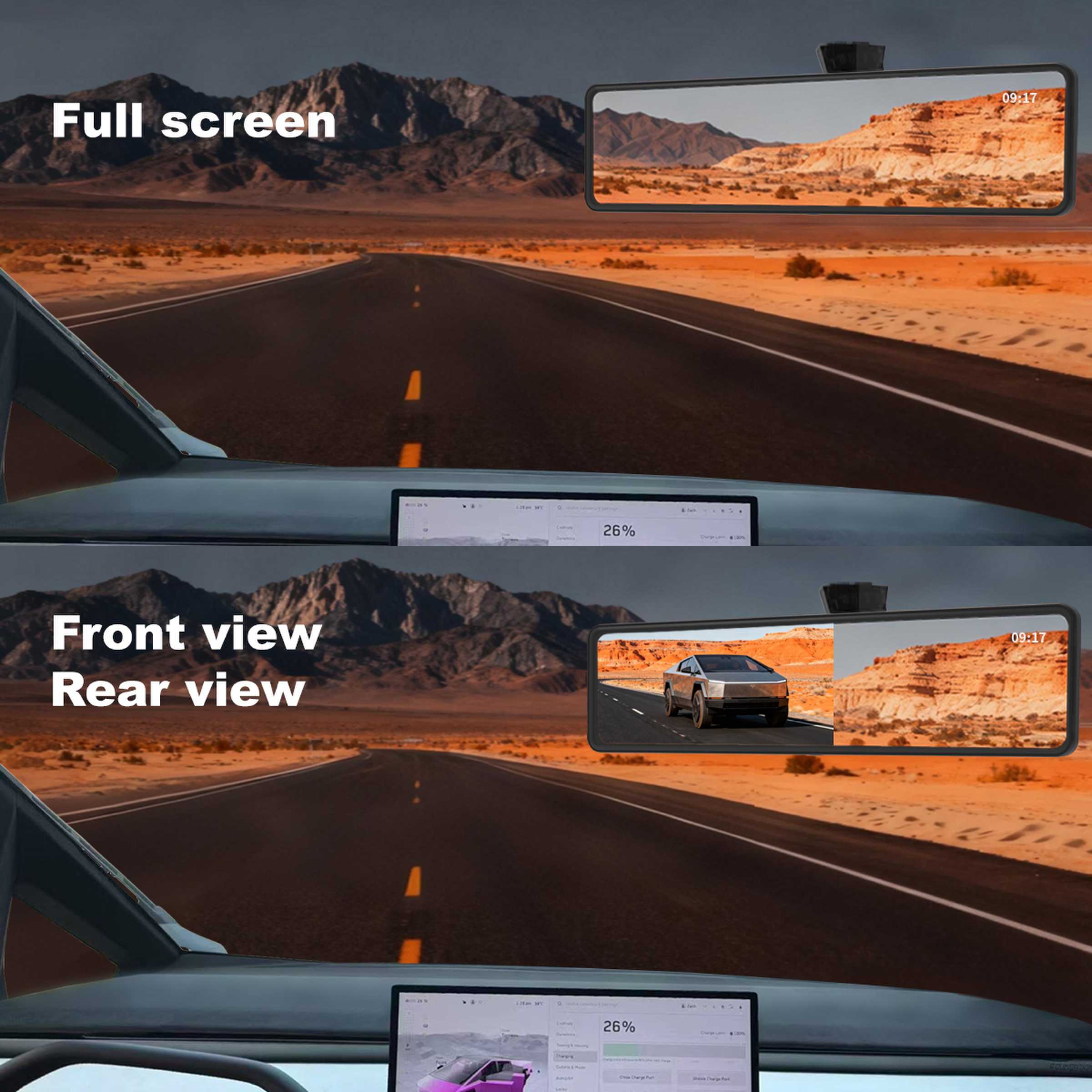 saunyoto cybertruck mirror can help you see the front view an rear view with full screen.